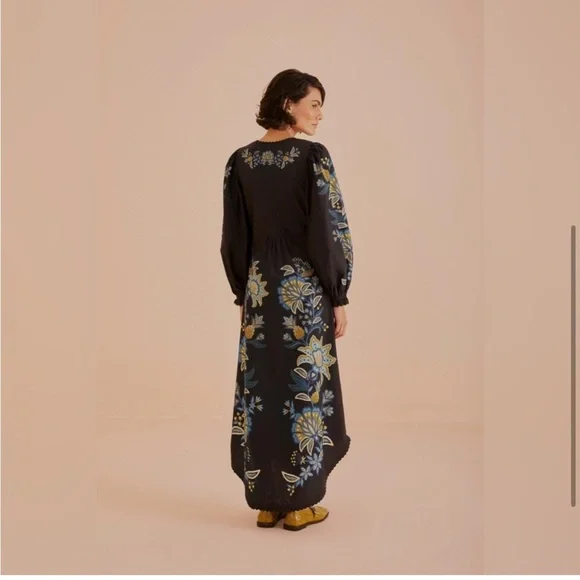 new Farm Rio stitched garden black floral midi long sleeve dress - Picture 3 of 8